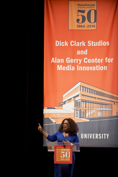 Oprah Winfrey addresses the crowd in Goldstein Auditorium. The reception in Goldstein preceded the ribbon cutting ceremony outside of the newly renovated studios.