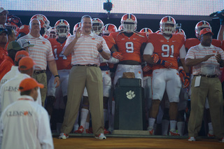 Clemson players prepare to race out to the field and touch Howard's Rock. 