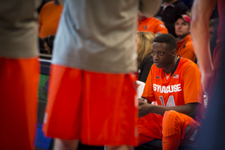 Joseph stares blankly while sitting on the bench in the second half. His 13-point effort wasn't enough for SU. 