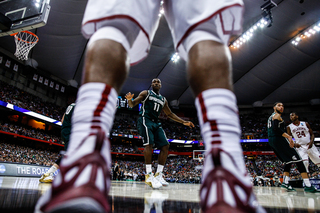 MSU's Lourawls Nairn Jr. (11) moves around the court as Oklahoma gets set to run an inbounds play. 