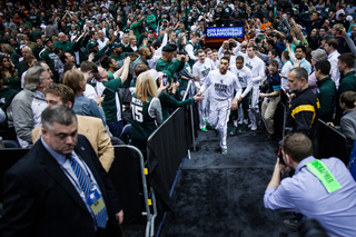 Michigan State takes the court moments before the team's match up against Oklahoma in the Sweet 16 round of the NCAA tournament at the Carrier Dome in Syracuse, New York, March 27, 2015. 