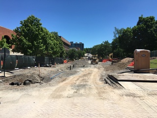 The road and walkways of University Place have been removed for the construction of the promenade. Photo taken June 15, 2016