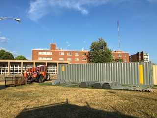 Construction equipment sits on the grassy area in front of Flint and Day halls on Mount Olympus. Photo taken July 15, 2016