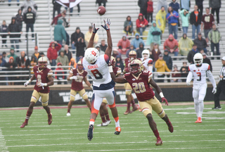 Ishmael leans back while fully extending to haul in a catch. He had 108 yards receiving on Saturday.